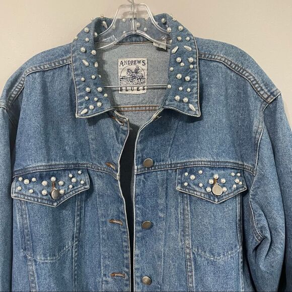 Andrew’s Blues Vintage Pearl Studded Oversized Jean Denim Jacket - Picture 16 of 16
